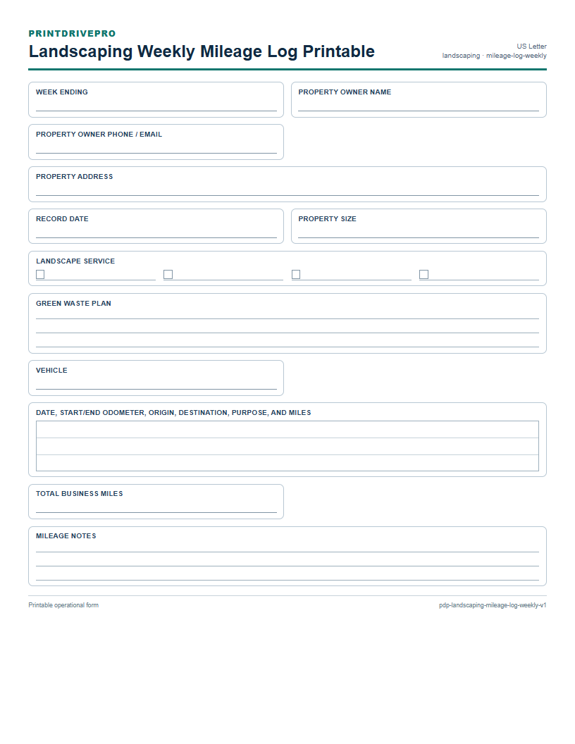 Landscaping Weekly Mileage Log Printable preview