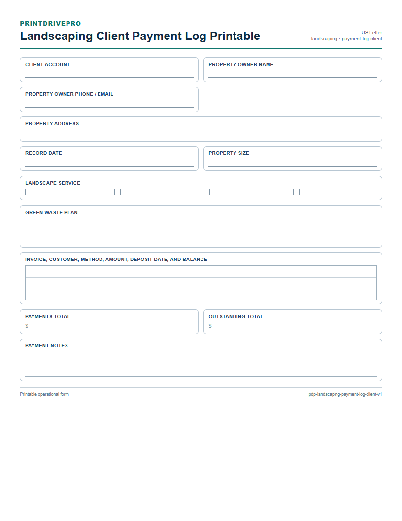 Landscaping Client Payment Log Printable preview