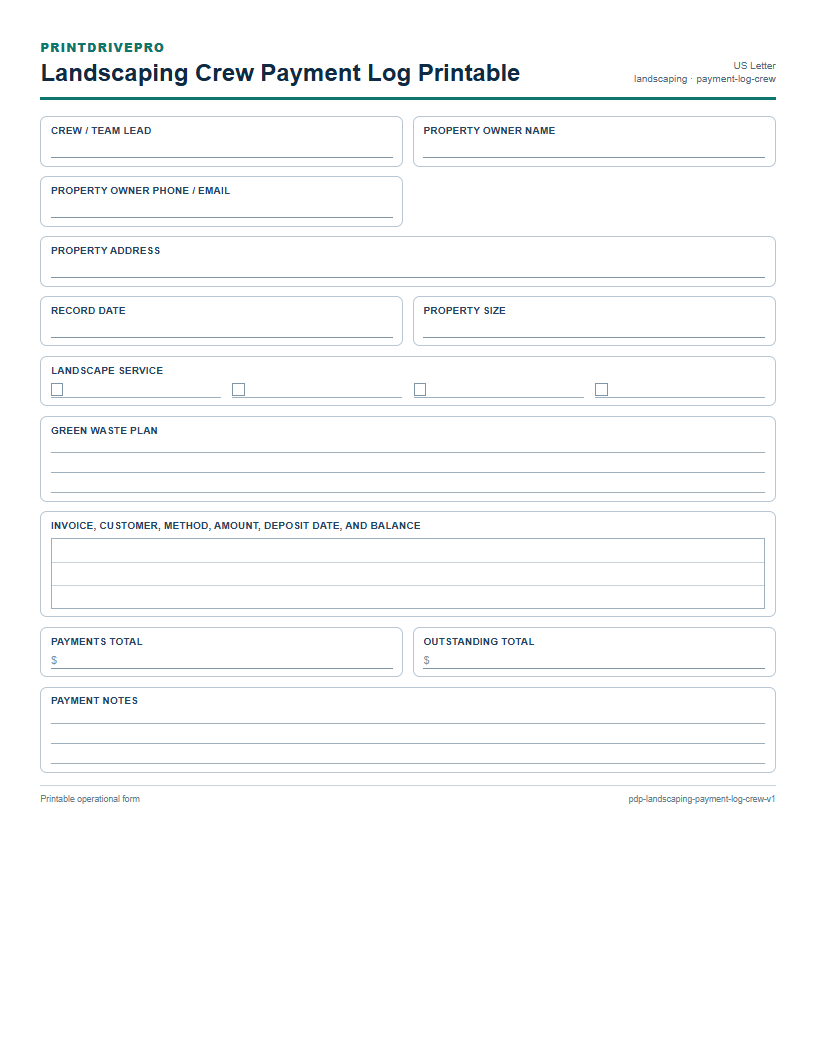 Landscaping Crew Payment Log Printable preview