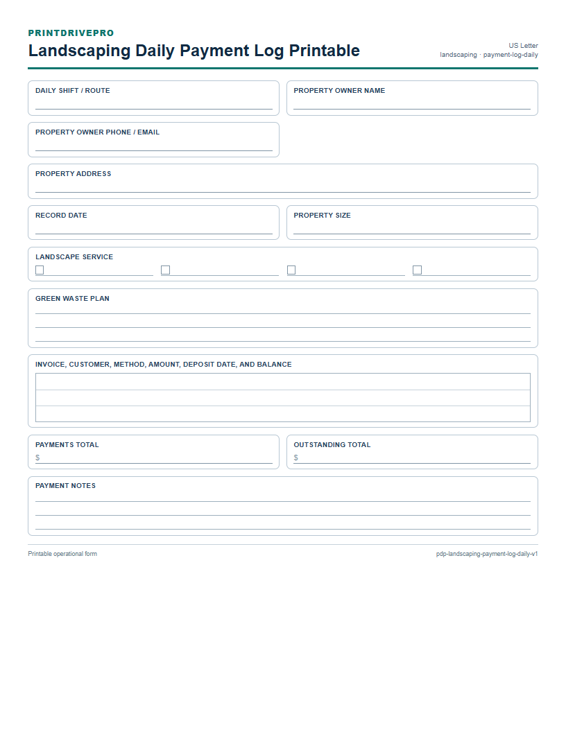 Landscaping Daily Payment Log Printable preview
