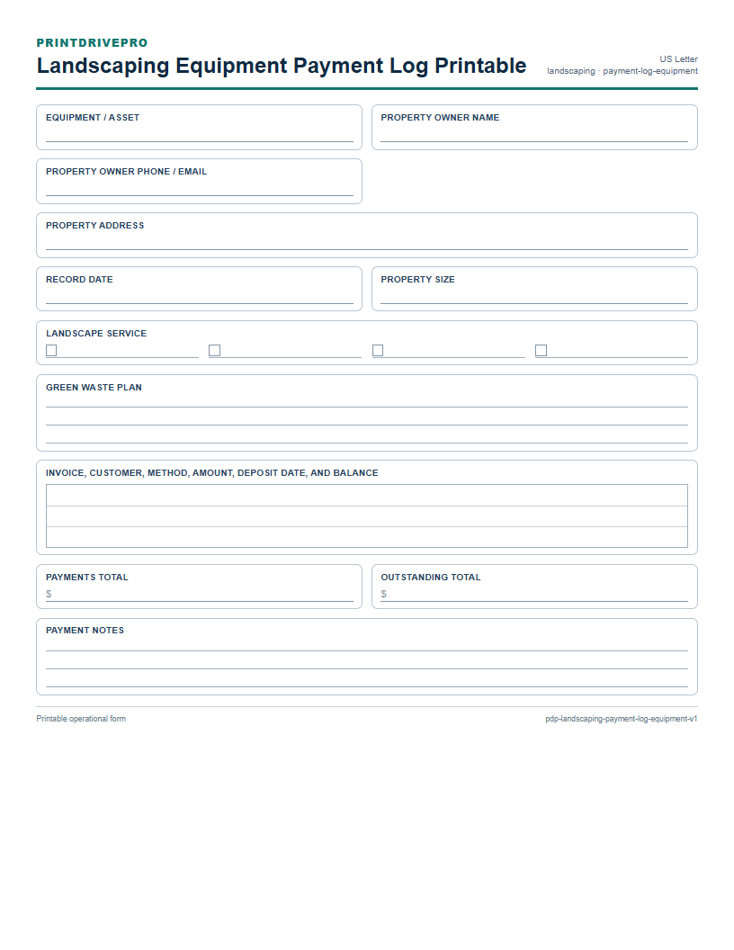 Landscaping Equipment Payment Log Printable preview