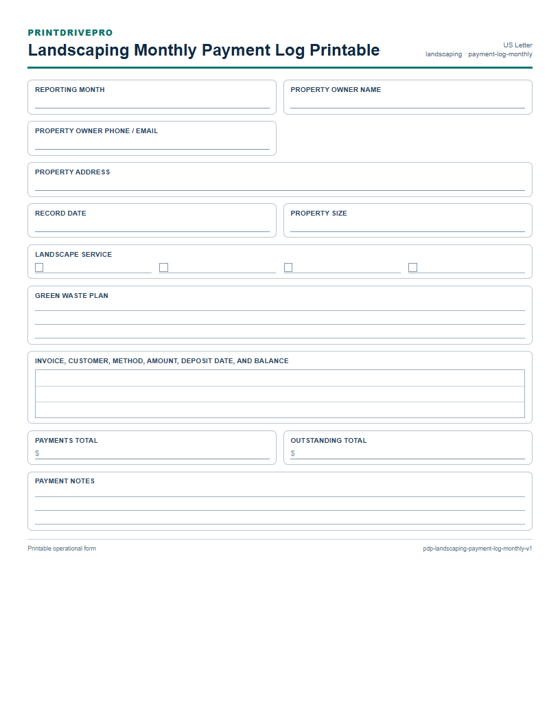 Landscaping Monthly Payment Log Printable preview