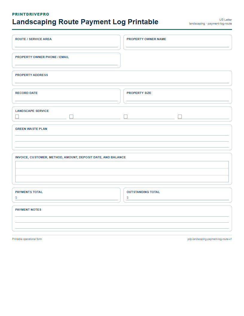 Landscaping Route Payment Log Printable preview
