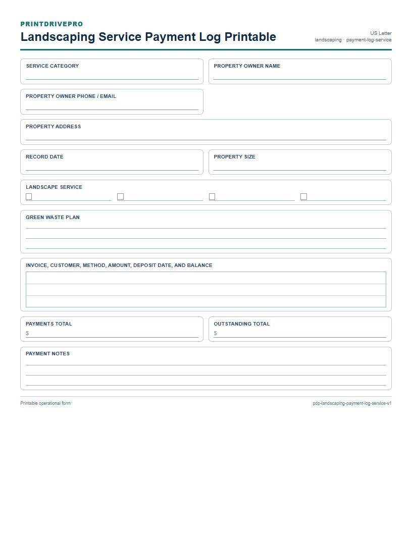 Landscaping Service Payment Log Printable preview