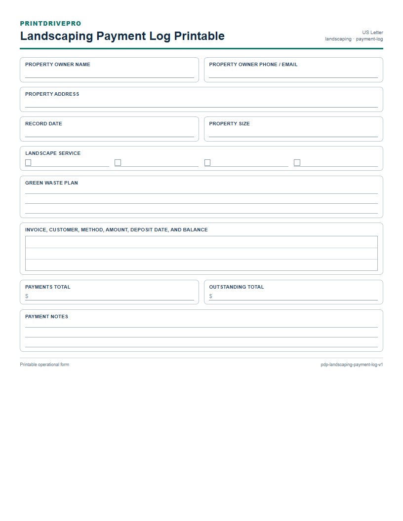 Landscaping Payment Log Printable preview