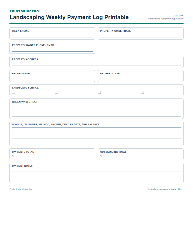 Landscaping Weekly Payment Log Printable preview
