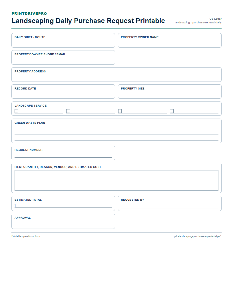 Landscaping Daily Purchase Request Printable preview