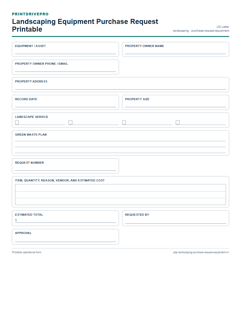 Landscaping Equipment Purchase Request Printable preview