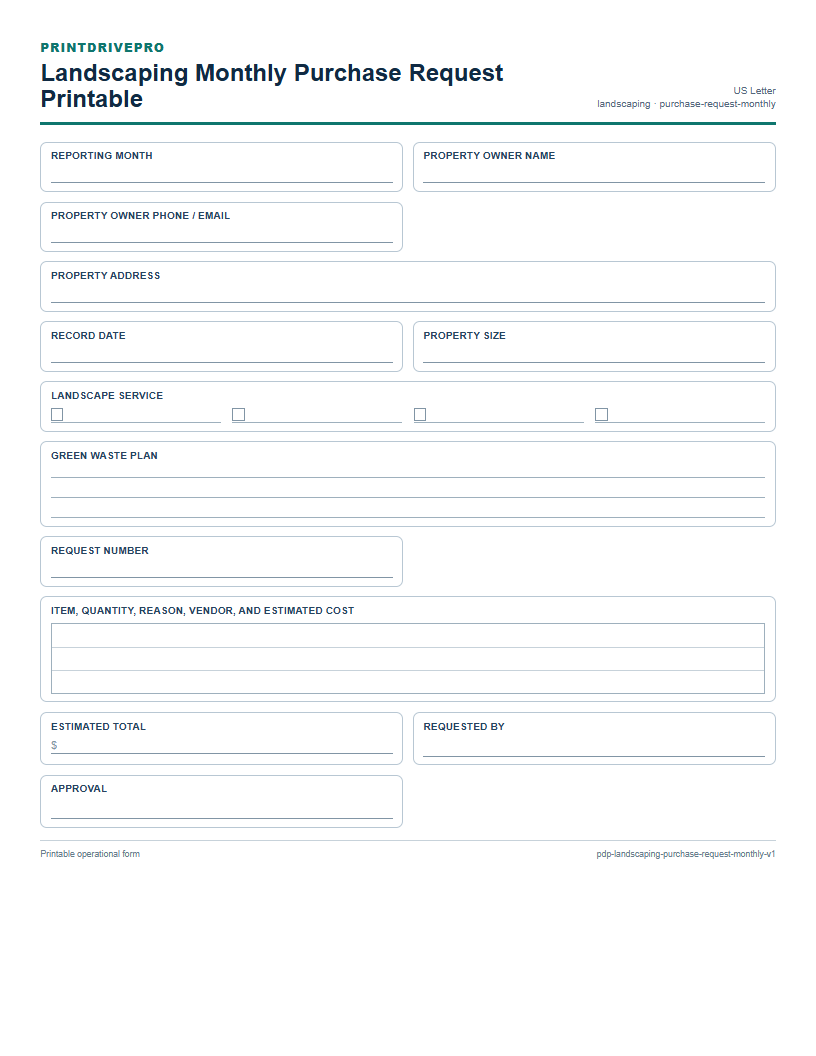 Landscaping Monthly Purchase Request Printable preview