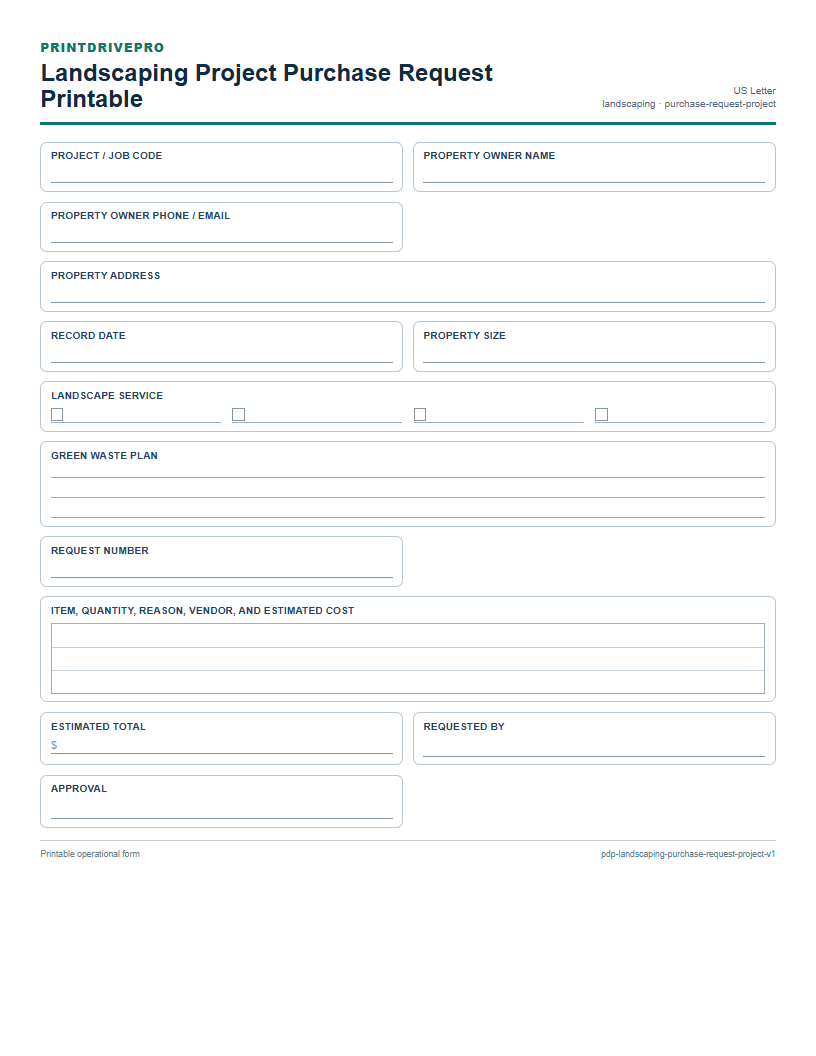 Landscaping Project Purchase Request Printable preview