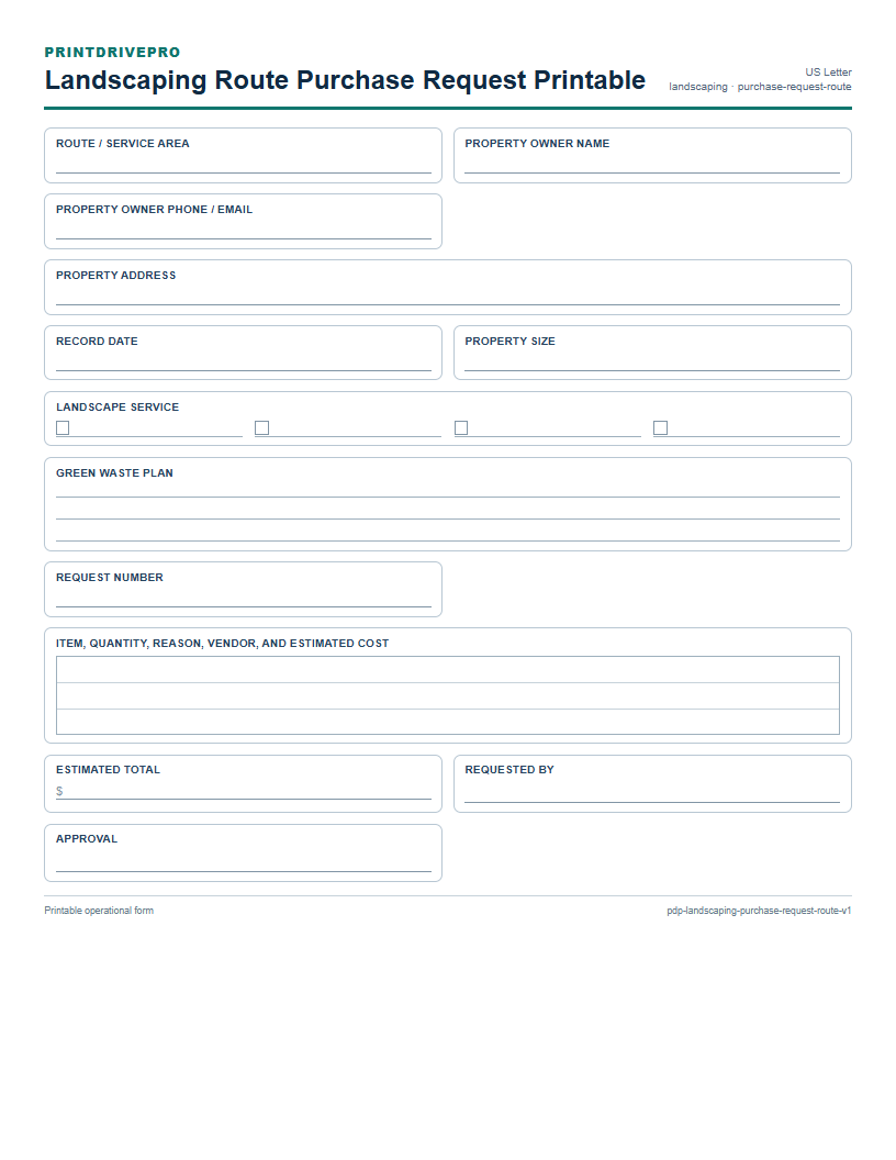 Landscaping Route Purchase Request Printable preview