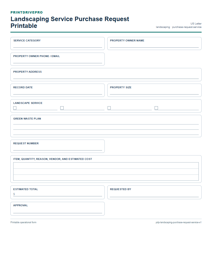 Landscaping Service Purchase Request Printable preview