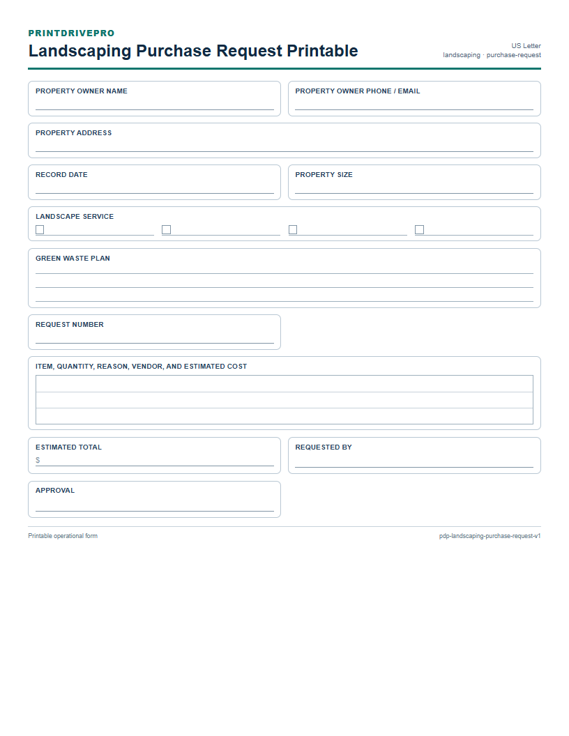 Landscaping Purchase Request Printable preview