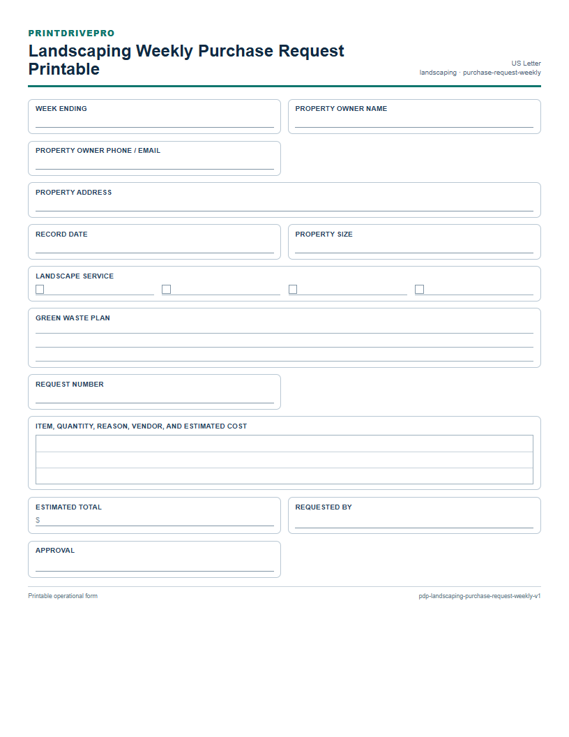 Landscaping Weekly Purchase Request Printable preview