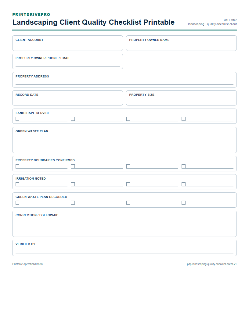 Landscaping Client Quality Checklist Printable preview