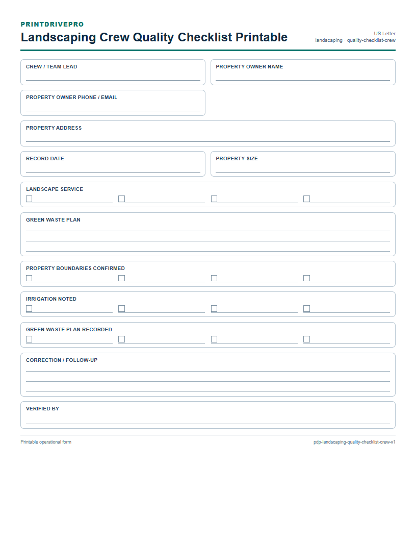 Landscaping Crew Quality Checklist Printable preview