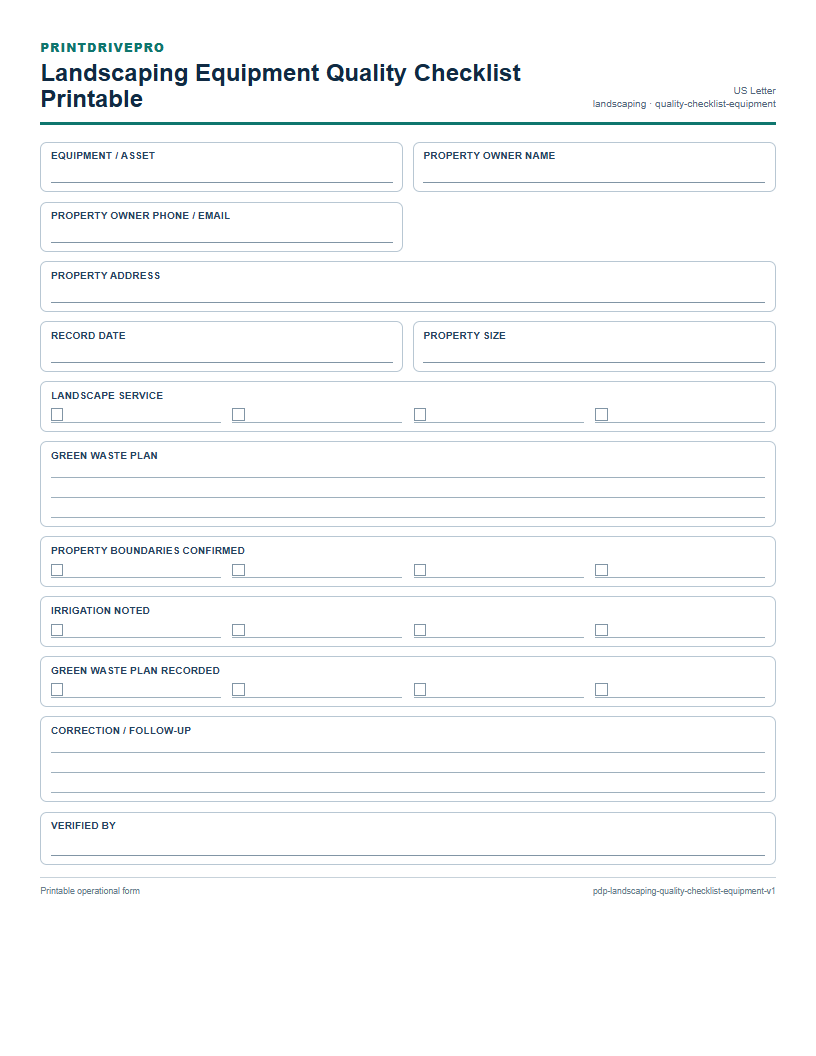 Landscaping Equipment Quality Checklist Printable preview