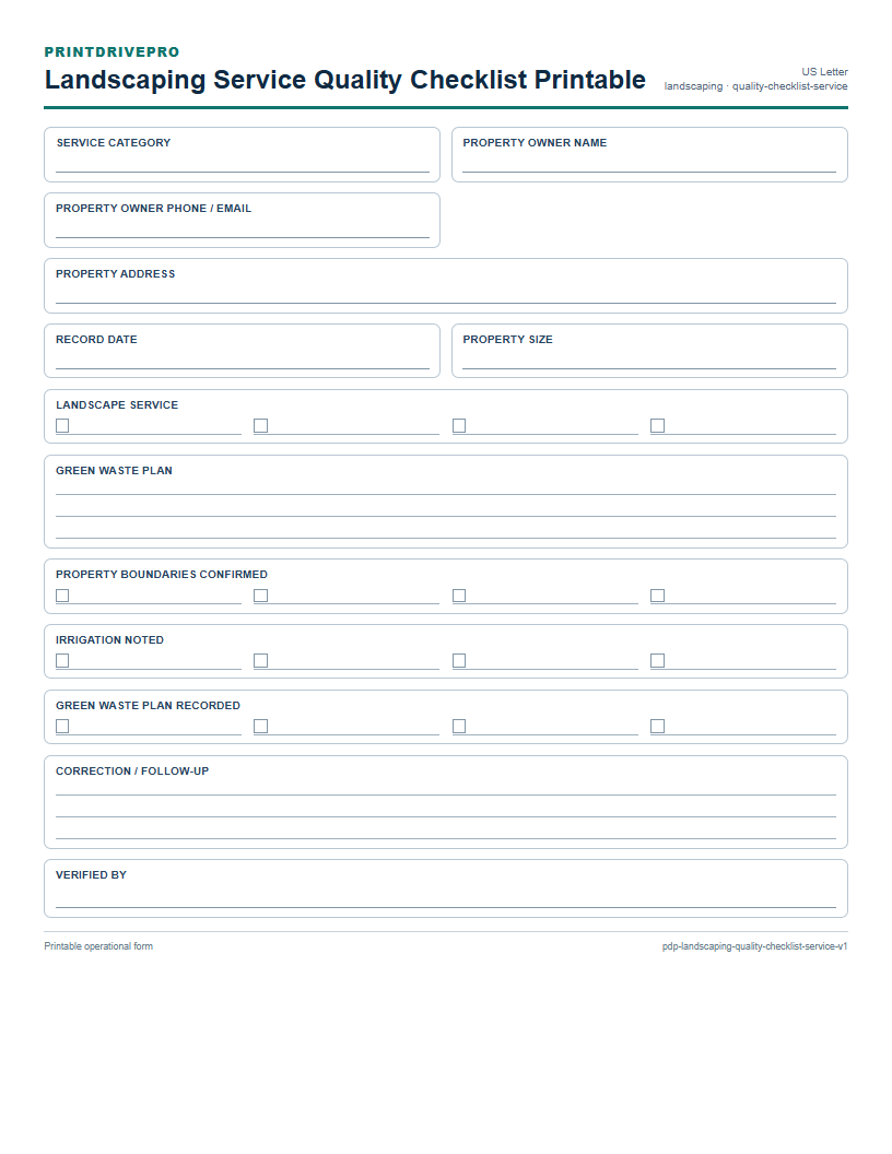 Landscaping Service Quality Checklist Printable preview