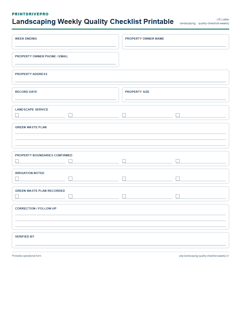 Landscaping Weekly Quality Checklist Printable preview
