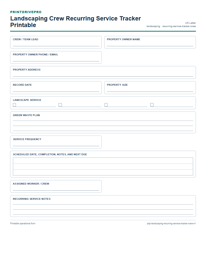 Landscaping Crew Recurring Service Tracker Printable preview