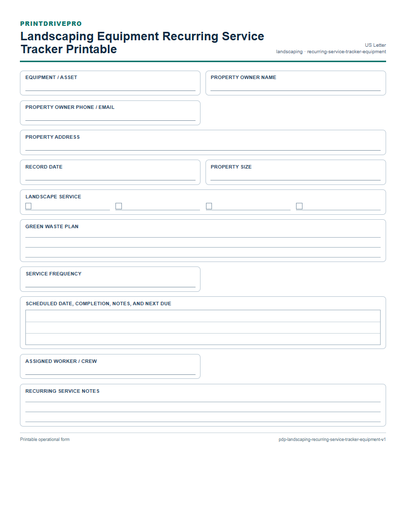 Landscaping Equipment Recurring Service Tracker Printable preview