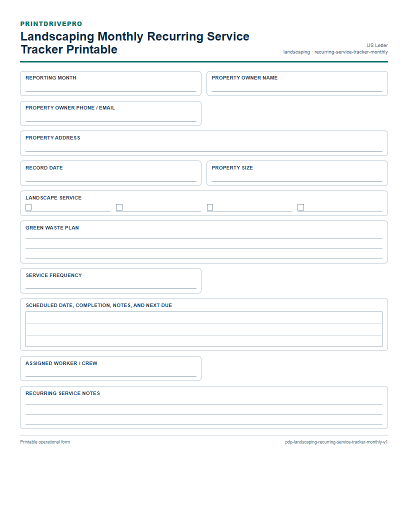 Landscaping Monthly Recurring Service Tracker Printable preview