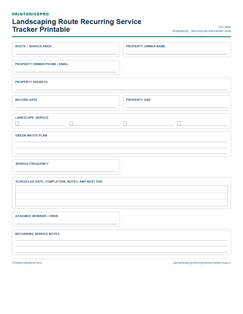 Landscaping Route Recurring Service Tracker Printable preview