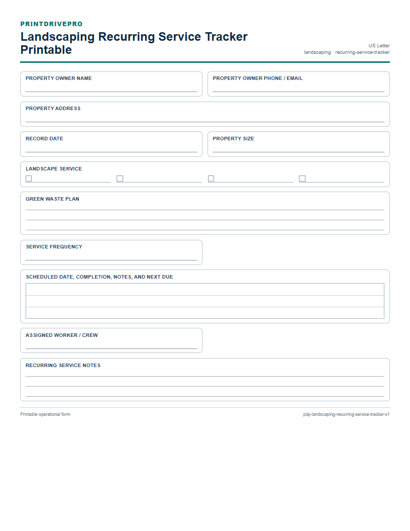 Landscaping Recurring Service Tracker Printable preview