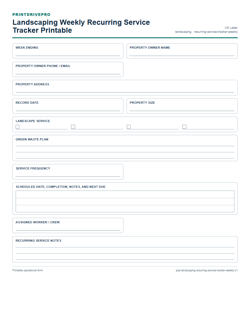 Landscaping Weekly Recurring Service Tracker Printable preview