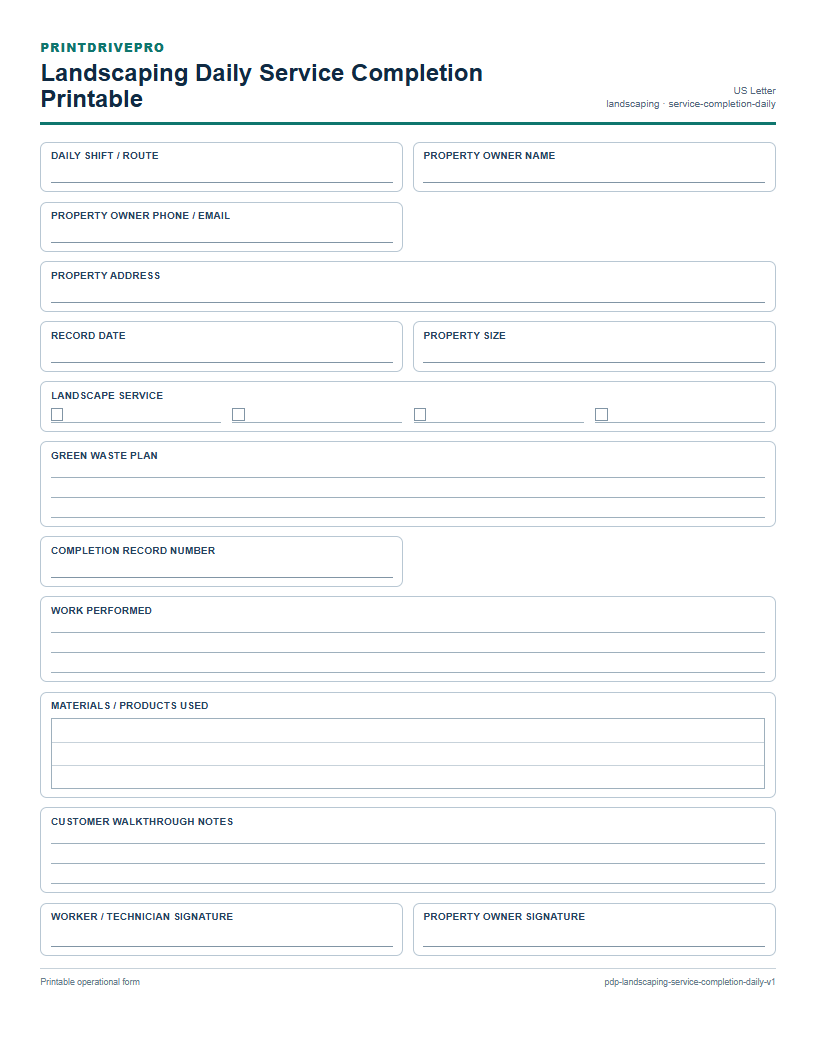 Landscaping Daily Service Completion Printable preview