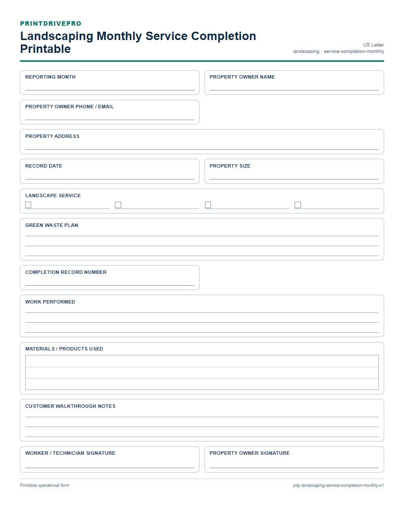 Landscaping Monthly Service Completion Printable preview