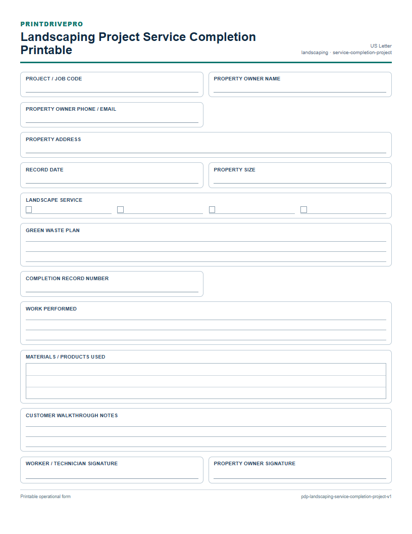 Landscaping Project Service Completion Printable preview
