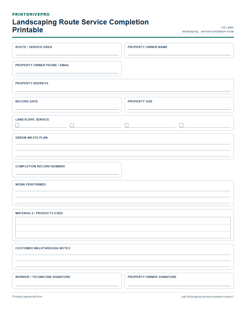Landscaping Route Service Completion Printable preview