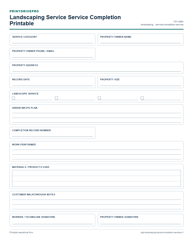 Landscaping Service Service Completion Printable preview