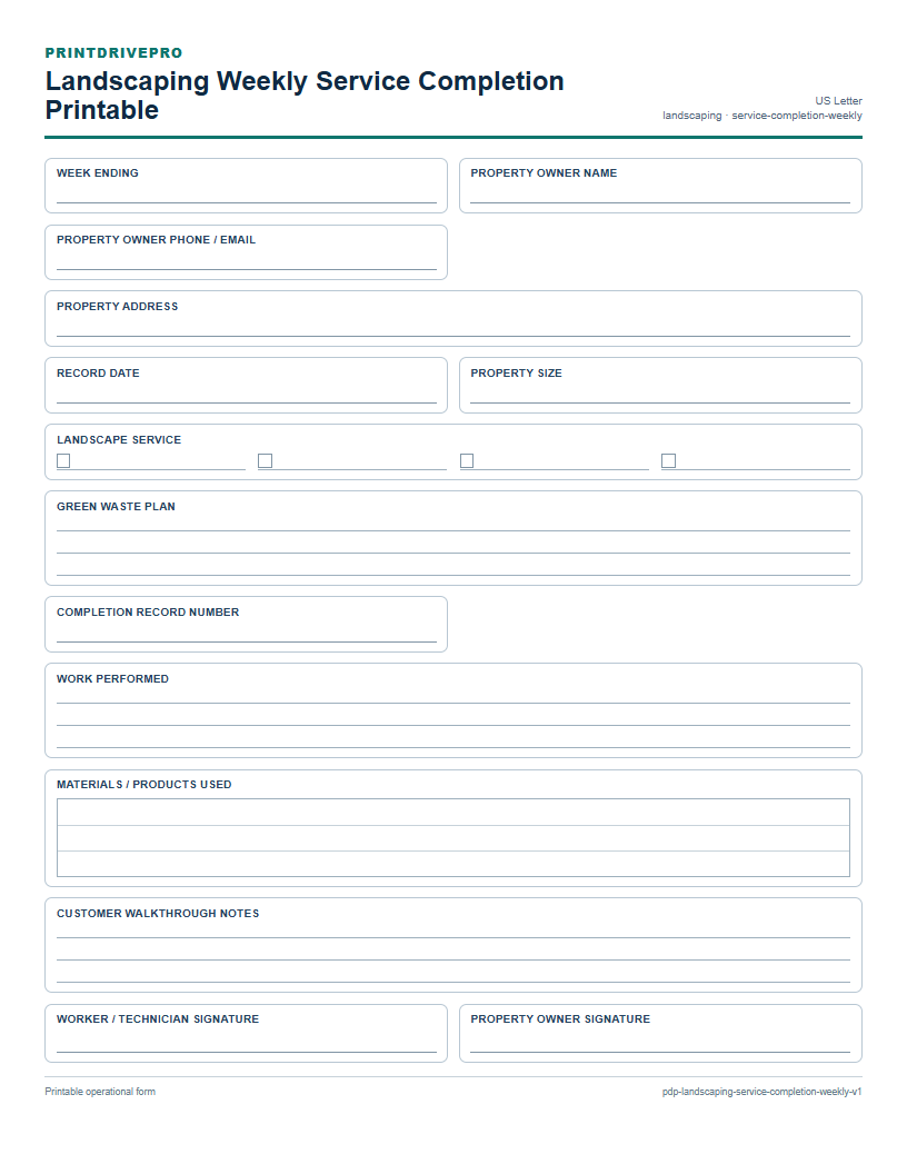 Landscaping Weekly Service Completion Printable preview