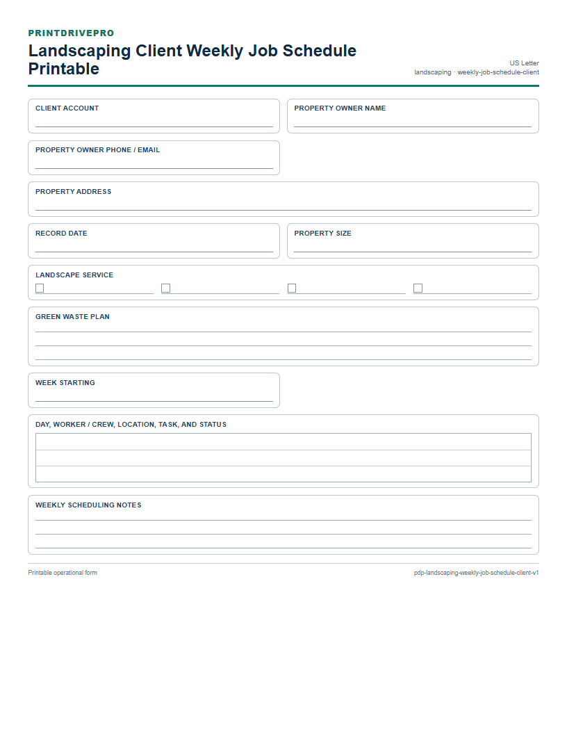 Landscaping Client Weekly Job Schedule Printable preview
