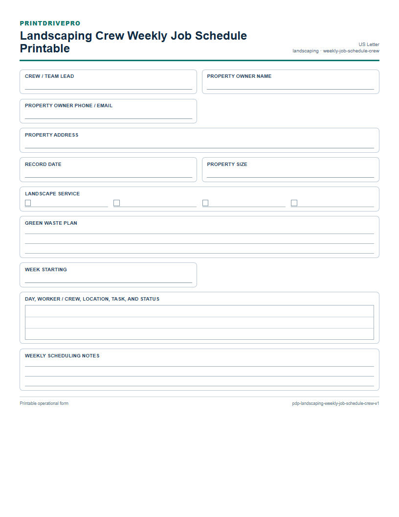 Landscaping Crew Weekly Job Schedule Printable preview
