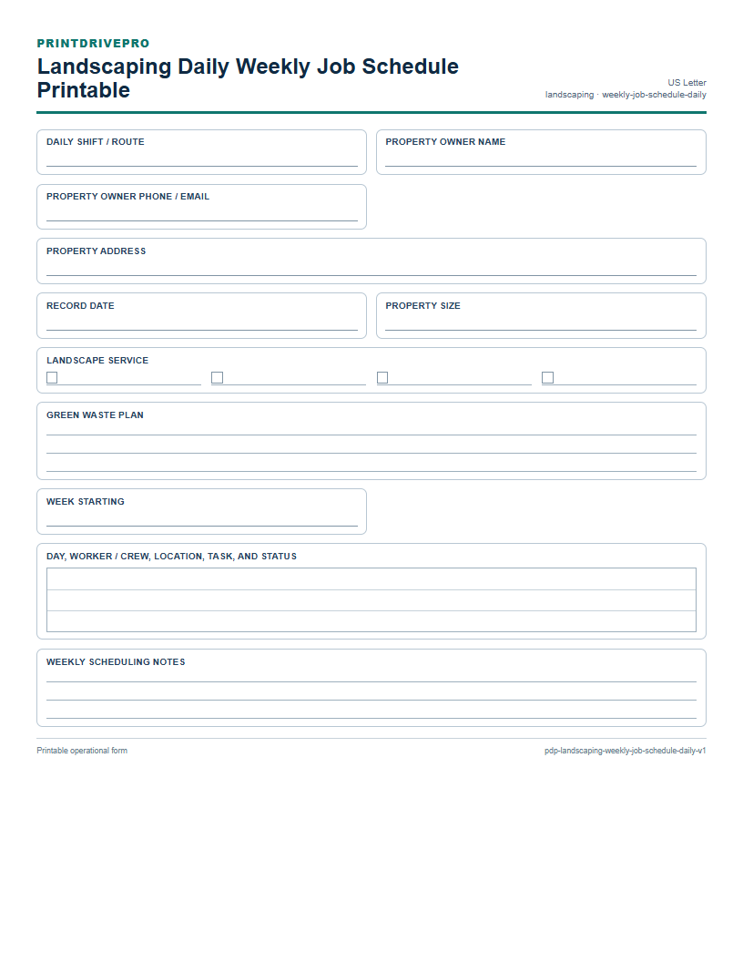 Landscaping Daily Weekly Job Schedule Printable preview