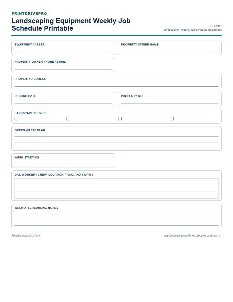 Landscaping Equipment Weekly Job Schedule Printable preview