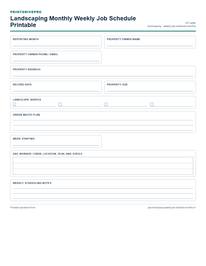 Landscaping Monthly Weekly Job Schedule Printable preview