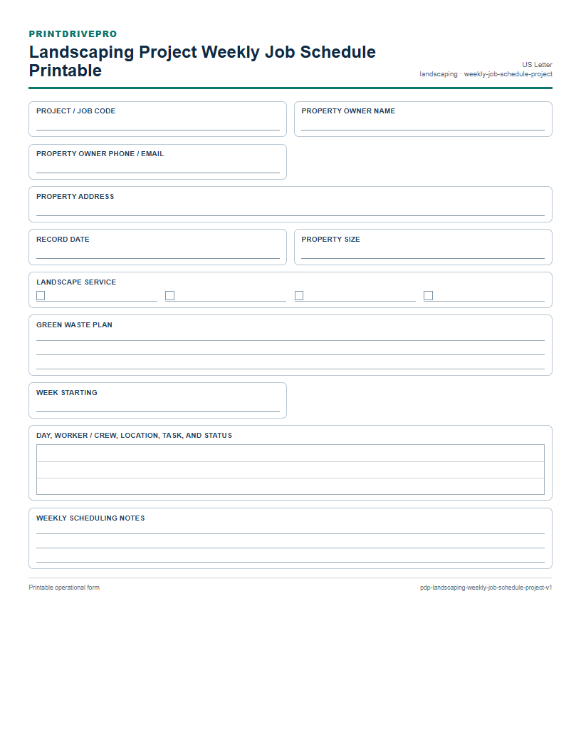 Landscaping Project Weekly Job Schedule Printable preview