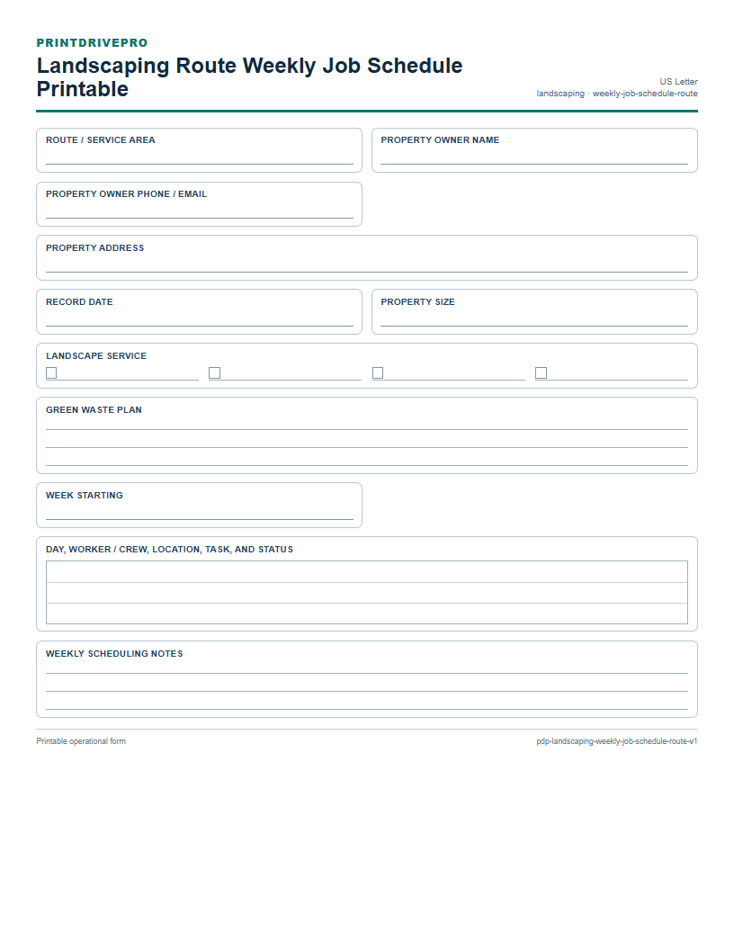 Landscaping Route Weekly Job Schedule Printable preview