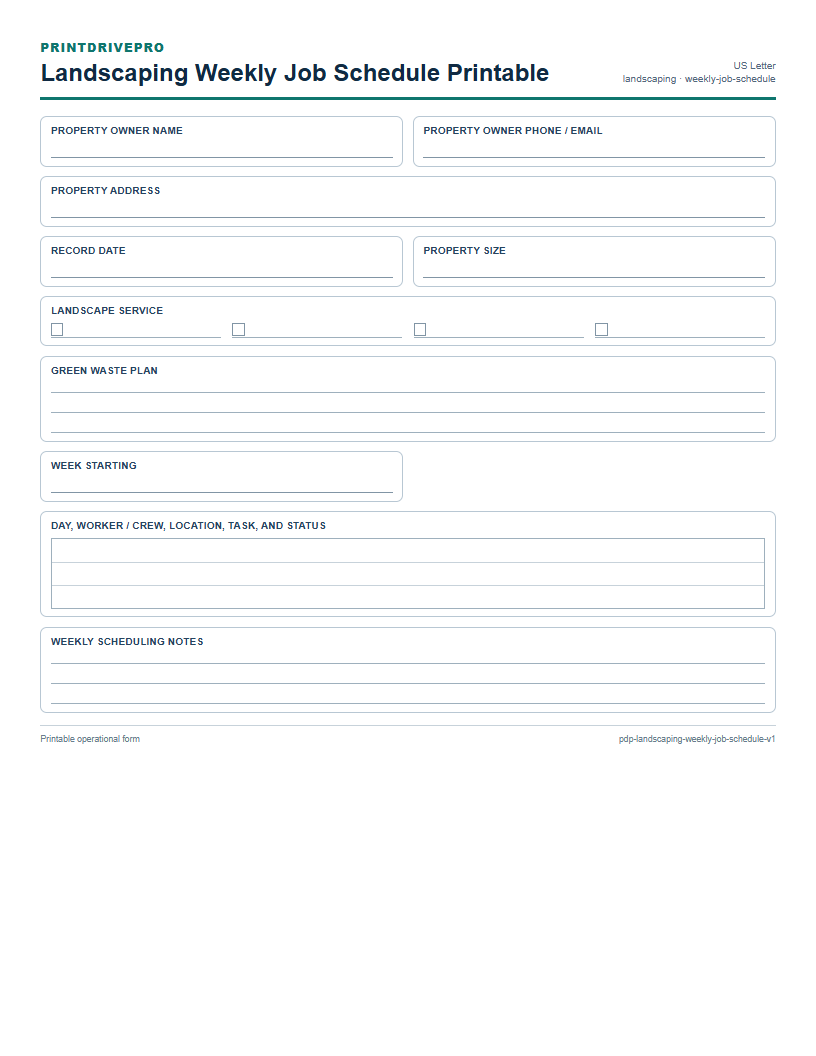 Landscaping Weekly Job Schedule Printable preview