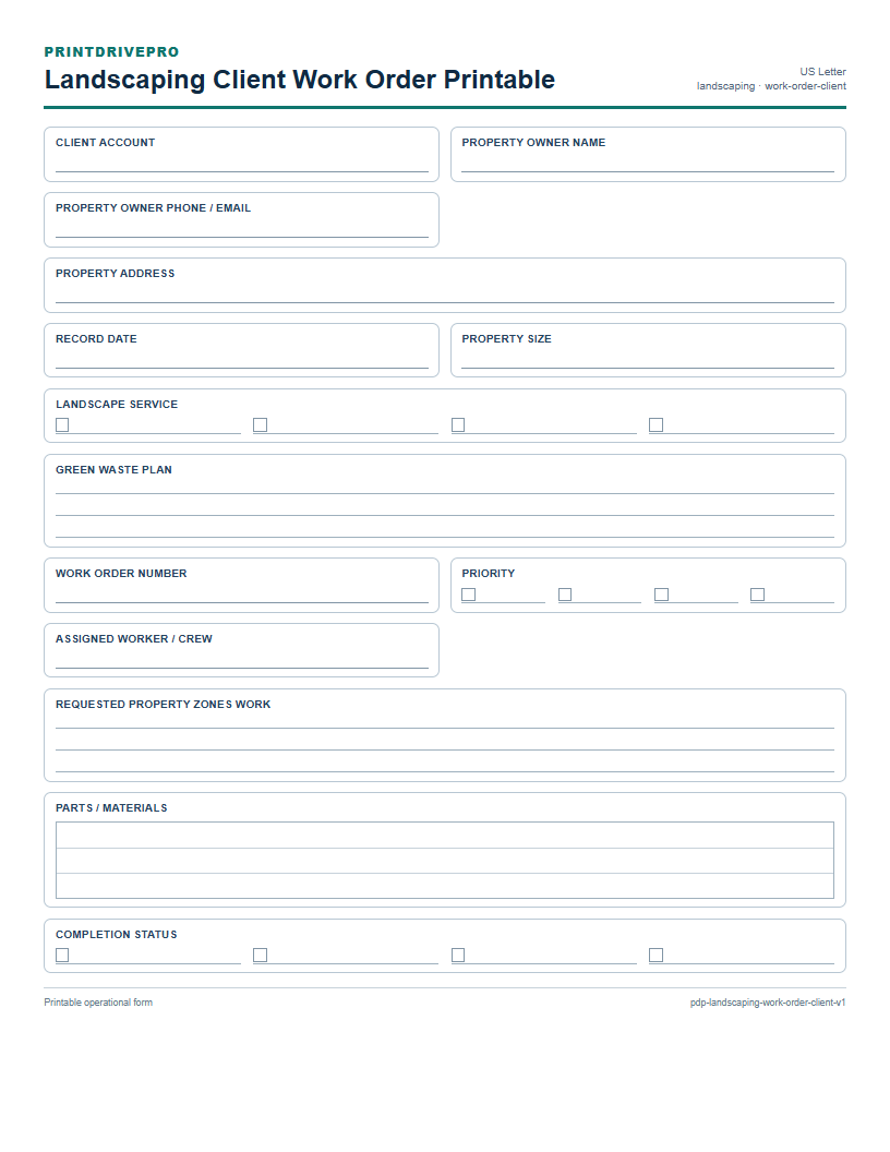 Landscaping Client Work Order Printable preview