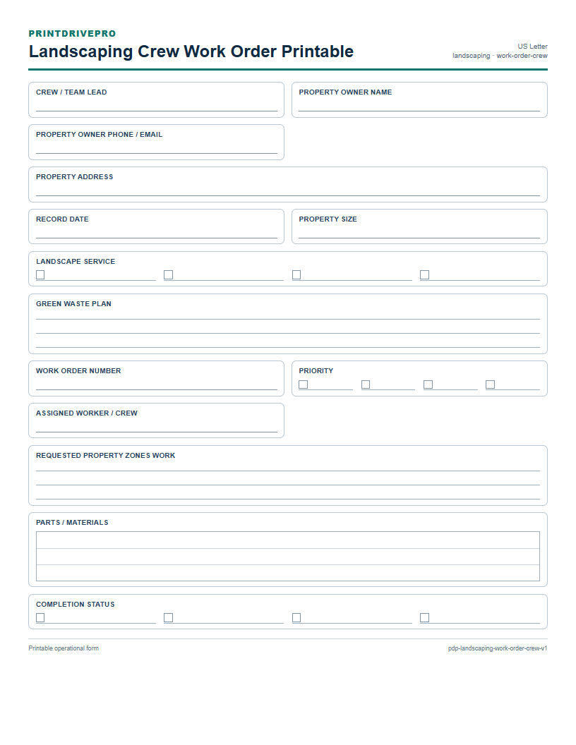 Landscaping Crew Work Order Printable preview