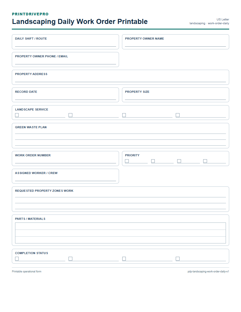 Landscaping Daily Work Order Printable preview