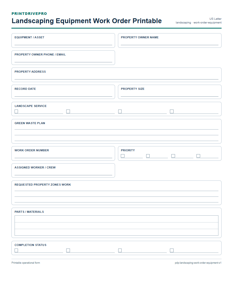 Landscaping Equipment Work Order Printable preview