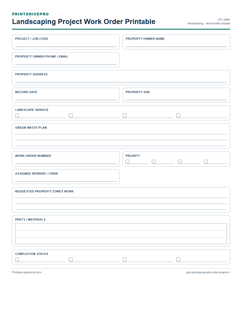 Landscaping Project Work Order Printable preview