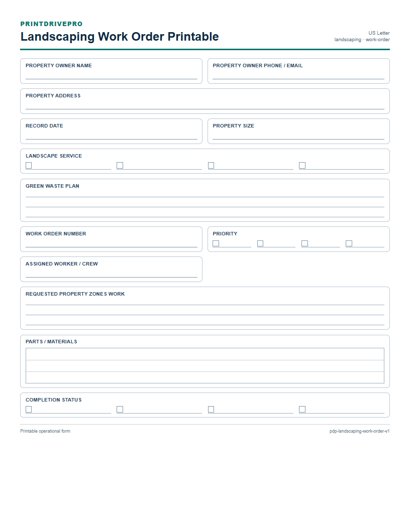 Landscaping Work Order Printable preview