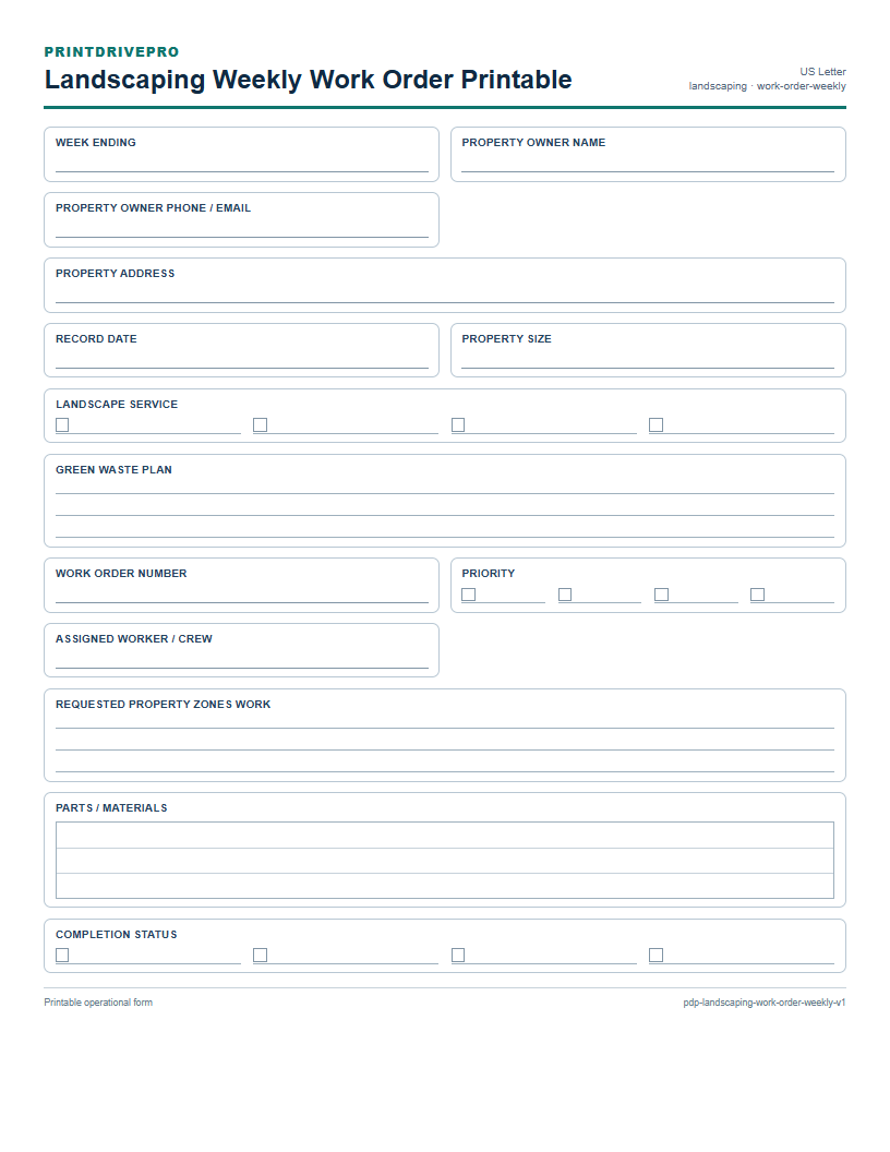 Landscaping Weekly Work Order Printable preview